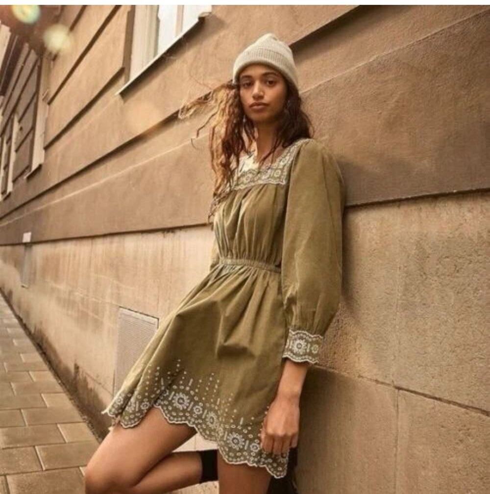 Madewell Embroidered Green Corduroy Square-Neck Mini Dress Size Small